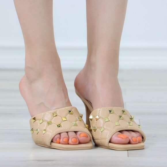 Nude High Heel Sandals Square Open Toe Slip On Mules Stiletto's - Picture 3 of 11